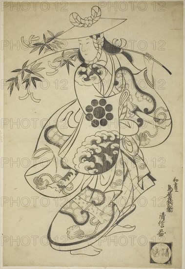 The Actor Sawamura Kodenji I as Tsuyu no Mae in the play Kanto Koroku, performed at the Nakamura Theater in the third month, 1698 (?), woodblock carved 1698, printed c. 1915, Torii Kiyonobu I, Japanese, 1664-1729, Japan, Woodblock print, o-oban, sumizuri-e, 18 1/2 x 12 1/2 in.