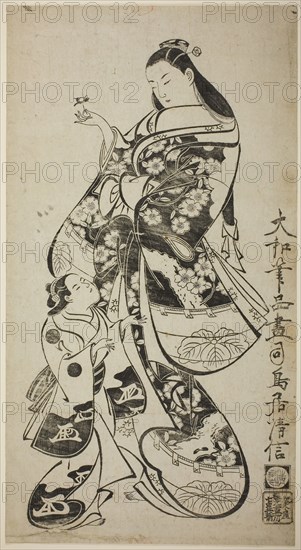 A Courtesan with Her Child Attendant, c. 1715, Torii Kiyonobu I, Japanese, 1664–1729, Japan, Woodblock print, o-oban, sumizuri-e, 23 x 12 1/4 in.