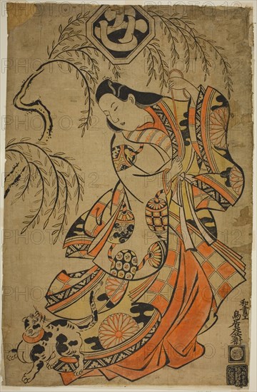 The Actor Uemura Kichisaburo as the Third Princess in the play Wakoku Gosuiden, performed at the Morita Theater in the third month, 1700, Torii Kiyonobu I, Japanese, 1664-1729, Japan, Hand-colored woodblock print, tan-e, o-oban, 48.8 x 31.5 cm