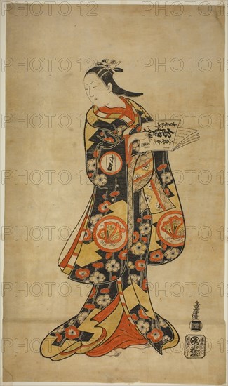 The Actor Sanjo Kantaro II as Oshichi in the play Nanakusa Fukki Soga, performed at the Ichimura Theater in the first month, 1718, 1718, Torii Kiyonobu I, Japanese, 1664-1729, Japan, Hand-colored woodblock print, o-oban, tan-e, 21 1/2 x 12 1/4 in.
