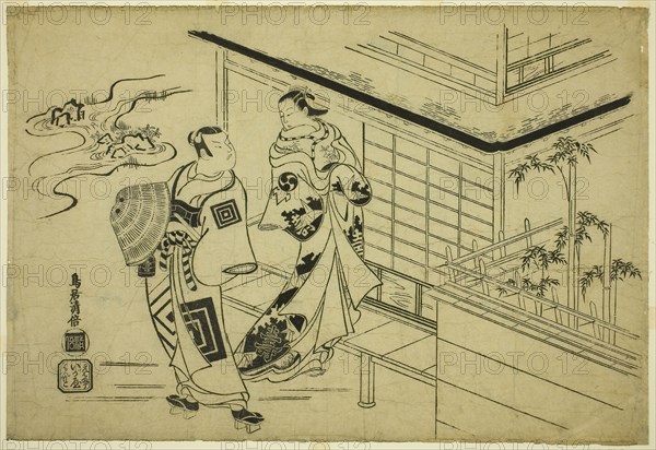 The Actors Nakamura Takesaburo I as Kewaizaka no Shosho and Ichikawa Danjuro II as Soga no Goro in the play Bando Ichi Kotobuki Soga, performed at the Nakamura Theater in the first month, 1715, 1715, Torii Kiyomasu I, Japanese, active c. 1704–18 (?), Japan, Woodblock print, o-oban yoko-e, sumizuri-e, 12 x 17 3/8 in.