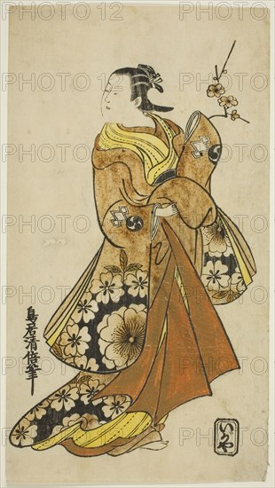 The Actor Nakamura Takesaburo I in a female role, c. 1718, Torii Kiyomasu II, Japanese, 1706 (?)–1763 (?), Japan, Hand-colored woodblock print, hosoban, urushi-e, 29.2 x 16.2 cm (11 1/2 x 6 3/8 in.)