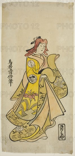 The Actor Sanjo Kantaro II as Oshichi in the play Nanakusa Fukki Soga, performed at the Ichimura Theater in the first month, 1718, 1718, Torii Kiyomasu II, Japanese, 1706 (?)–1763 (?), Japan, Hand-colored woodblock print, hosoban, urushi-e, 13 1/4 x 6 in.