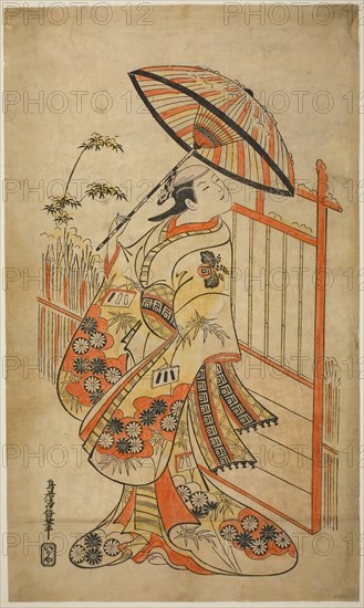 The Actor Sanogawa Mangiku I as Sanada, the daughter of the spinner Itoya, in the play Hiragana Yomeiri Izu Nikki, performed at the Nakamura Theater in the eleventh month, 1718, 1718, Torii Kiyomasu II, Japanese, 1706 (?)–1763 (?), Japan, Hand-colored woodblock print, o-oban, tan-e, 54.9 x 32.6 cm