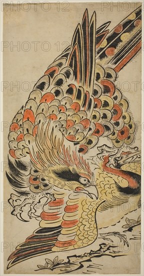A Hawk Capturing a Crane in Flight, c. 1715, Attributed to Torii Kiyomasu I, Japanese, active c. 1704–18 (?), Japan, Hand-colored woodblock print, vertical o-oban, tan-e, 56.0 x 28.5 cm
