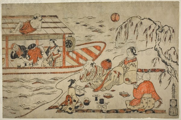 Cooling Off on a Summer Evening, c. 1715, Okumura Masanobu, Japanese, 1686-1764, Japan, Hand-colored woodblock print, tan-e, ô-ôban yoko-e, 32.4 x 49.2 cm (12 3/4 x 19 3/8 in.)