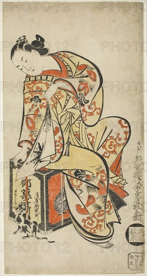 Courtesan Playing with a Cat, c. 1715, Kaigetsudo Dohan, Japanese, active c. 1704-16, Japan, Hand-colored woodblock print, tan-e, vertical o-oban, 55.5 × 28.8 cm