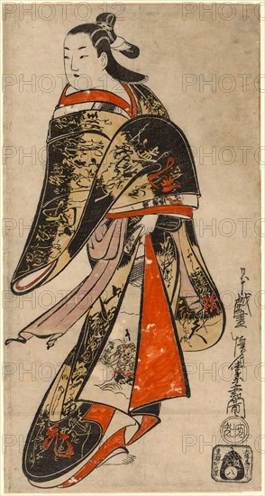 Courtesan Walking, c. 1714, Kaigetsudo Anchi, Japanese, active c. 1704–16, Japan, Hand-colored woodblock print, tan-e, vertical o-oban, 55.2 × 28.8 cm