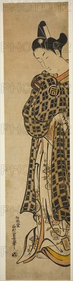 The Actor Sanogawa Ichimatsu I as Hisamatsu, c. 1743, Nishimura Shigenaga, Japanese, 1697 (?)-1756, Japan, Hand-colored woodblock print, hashira-e, urushi-e, 25 3/4 x 6 in.