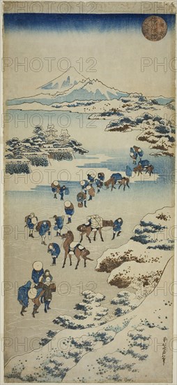 Crossing the Frozen Suwa Lake in Shinano Province (Shinshu Suwa kosui kori watari), c. 1833/34, Katsushika Hokusai ?? ??, Japanese, 1760-1849, Japan, Color woodblock print, vertical nagaban, 20 5/8 x 9 1/8 in.