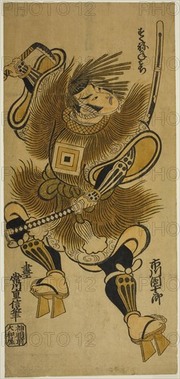 The Actor Ichikawa Danjuro II as Fujiwara no Kanemichi in the play Otomo no Matori, performed at the Nakamura Theater in the third month, 1726, 1726, Tsunekawa Shigenobu, Japanese, active c. 1720-40, Japan, Hand-colored woodblock print, hosoban, urushi-e, 33.4 x 15.5 cm (13 1/4 x 6 1/8 in.)
