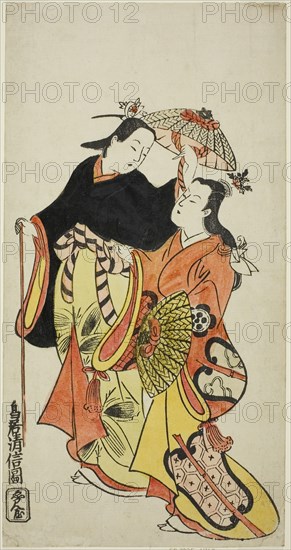 The Actors Ichikawa Monnosuke I and Dekijima Daisuke II, c. 1728, Torii Kiyonobu II, Japanese, active c. 1725-61, Japan, Hand-colored woodblock print, hosoban, urushi-e, 30.0 x 15.6 cm