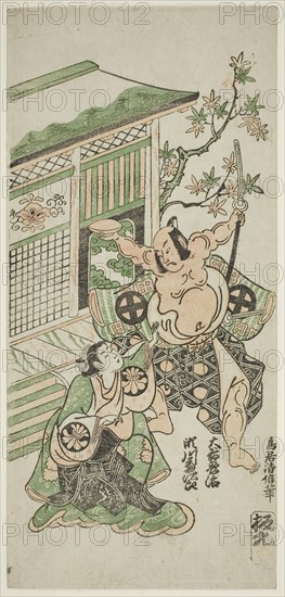The Actors Segawa Kikujiro I as Nobutsura’s wife Karumo and Otani Oniji I as Tahara Matataro in the play Shusse Momijigari, performed at the Ichimura Theater in the eleventh month, 1747, 1747, Torii Kiyonobu II, Japanese, active c. 1725-61, Japan, Color woodblock print, hosoban, benizuri-e, 12 x 5 3/4 in.