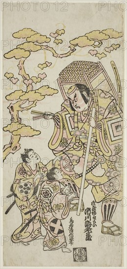 The Actors Ichikawa Ebizo II as Musashibo Benkei, Sakata Shintaro (?) as Soga no Goro, and Takigawa Kinya (?) as Soga no Juro in the play Sazareishi Suehiro Genji, performed at the Nakamura Theater in the first month, 1744, 1744, Torii Kiyonobu II, Japanese, active c. 1725-61, Japan, Color woodblock print, hosoban, benizuri-e, 29.8 x 13.8 cm (11 11/16 x 5 7/16 in.)