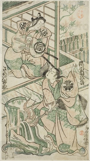 The Actors Sanogawa Ichimatsu I as Ike no Shoji and Segawa Kikujiro I as Hitachi Kohagi in the play Mangetsu Oguri Yakata, performed at the Ichimura Theater in the eighth month, 1747, 1747, Torii Kiyonobu II, Japanese, active c. 1725-61, Japan, Color woodblock print, hosoban, benizuri-e, 10 1/2 x 5 1/2 in.