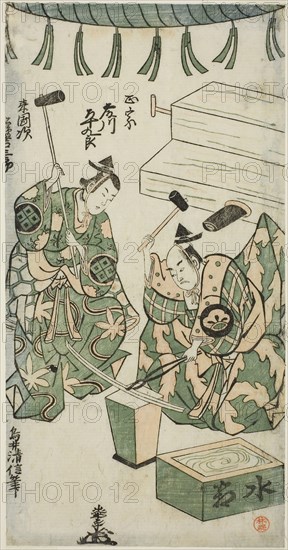 The Actors Fujikawa Heikuro as Masamune and Matsushima Kichisaburo as Rai Kunitsugu in the play Shin Usuyuki Monogatari, performed at the Nakamura Theater in the sixth month, 1746, 1746, Torii Kiyonobu II, Japanese, active c. 1725-61, Japan, Color woodblock print, hosoban, benizuri-e, 10 1/2 x 5 3/8 in.
