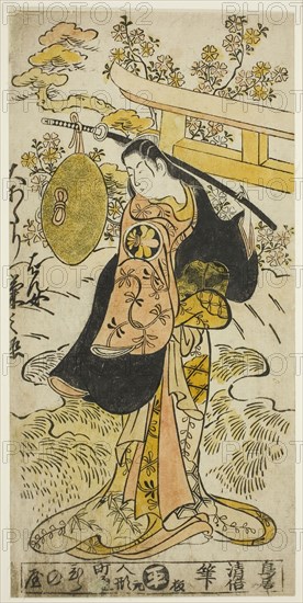 The Actor Segawa Kikunojo I as Hanjo in the play Tsumagoi Sumidagawa, performed at the Nakamura Theater in the third month, 1733, 1733, Torii Kiyomasu II, Japanese, 1706 (?)–1763 (?), Japan, Hand-colored woodblock print, hosoban, urushi-e, 30.7 x 15.0 cm
