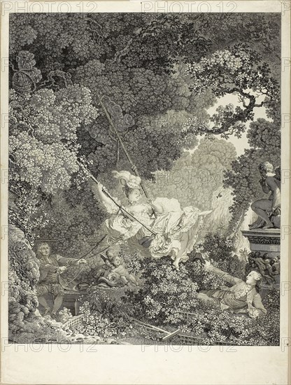 The Happy Accident of the Swing, 1792, Nicolas Delaunay (French, 1739-1792), after Jean Honoré Fragonard (French, 1732-1806), France, Engraving in black ink on ivory laid paper, 510 × 420 mm (image/plate), 591 × 443 mm (sheet)