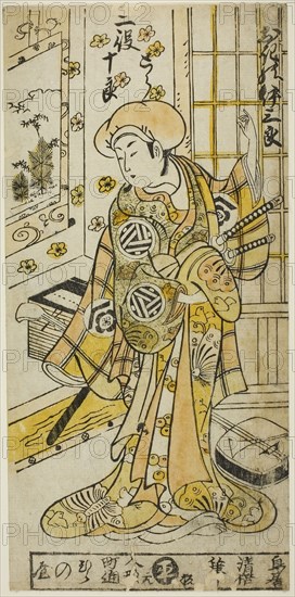 The Actor Ogino Isaburo I in two roles, Tora and Soga no Juro, in the play Juhakko Imayo Soga, performed at the Nakamura Theater in the first month, 1734, 1734, Torii Kiyomasu II, Japanese, 1706 (?)–1763 (?), Japan, Hand-colored woodblock print, hosoban, urushi-e, 12 x 5 3/4 in.