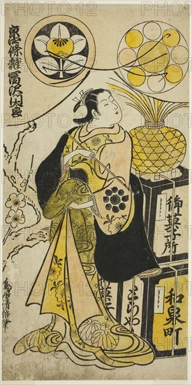 The Actor Tomizawa Montaro I as Miyako no Mae in the play Izu Genji Horai Yakata, performed at the Ichimura Theater in the eleventh month, 1736, 1736, Torii Kiyomasu II, Japanese, 1706 (?)–1763 (?), Japan, Hand-colored woodblock print, hosoban, urushi-e, 30.6 x 15.2 cm
