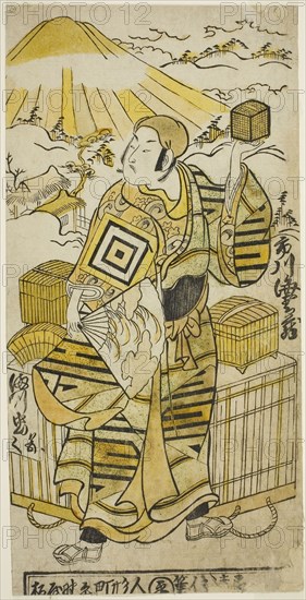 The Actor Ichikawa Ebizo II as Goto Saemon in the play Tokaido Yukumi Guruma, performed at the Ichimura Theater in the eighth month, 1736, 1736, Torii Kiyomasu II, Japanese, 1706 (?)–1763 (?), Japan, Hand-colored woodblock print, hosoban, urushi-e, 11 5/8 x 5 3/4 in.