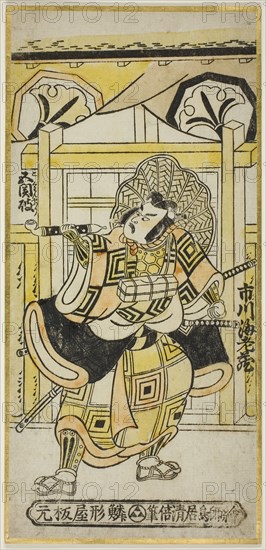 The Actor Ichikawa Ebizo II as Shinozuka Goro in the play Funayosooi Mitsugi Taiheiki, performed at the Nakamura Theater in the eleventh month, 1743, 1743, Torii Kiyomasu II, Japanese, 1706 (?)–1763 (?), Japan, Hand-colored woodblock print, hosoban, urushi-e, 12 1/4 x 5 3/4 in.