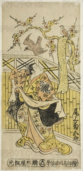 The Actor Onoe Kikugoro I as Tokiwa in the play Tonozukuri Genji Junidan, performed at the Ichimura Theater in the eleventh month, 1744, 1744, Torii Kiyomasu II, Japanese, 1706 (?)–1763 (?), Japan, Hand-colored woodblock print, hosoban, urushi-e, 12 1/4 x 5 3/4 in.