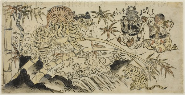 The Bad Tiger Cub, c. 1730, Japanese, 18th century, Japan, Hand-colored woodblock print, hosoban yoko-e, urushi-e, 6 1/4 x 12 1/4 in.