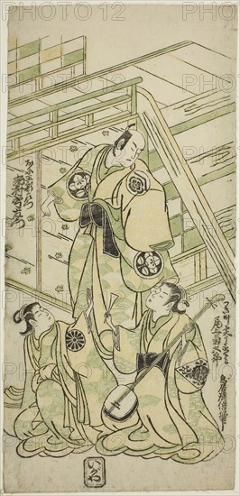 The Actors Ichimura Uzaemon VIII as Onio Shinzaemon and Onoe Kikugoro I as the courtesan Usugumo in the play Nanakusa Wakayagi Soga, performed at the Ichimura Theater in the first month, 1744, 1744, Torii Kiyomasu II, Japanese, 1706 (?)–1763 (?), Japan, Color woodblock print, hosoban, benizuri-e, 12 5/16 x 5 7/8 in.