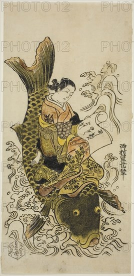 Courtesan Riding a Carp (parody of the Daoist Immortal Kinko [Chinese: Qin Gao]), c. 1730s, Nishimura Shigenaga, Japanese, 1697 (?)-1756, Japan, Hand-colored woodblock print, hosoban, urushi-e, 12 7/8 x 6 1/8 in.