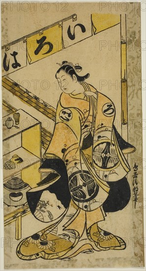 The Actor Yamamura Ichitaro as Oichi in the play Totsusaka-no-jo Tsuru no Sugomori, performed at the Nakamura Theater in the eleventh month, 1721, 1721, Torii Kiyotomo, Japanese, active c. 1717-36, Japan, Hand-colored woodblock print, hosoban, urushi-e, 11 3/4 x 6 1/8 in.