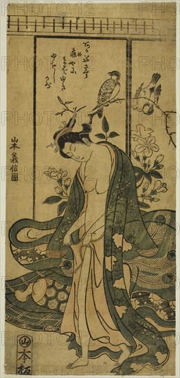 Young Woman Dressing, c. 1745/58, Yamamoto Yoshinobu, Japanese, active c. 1745-58, Japan, Color woodblock print, hosoban, benizuri-e, 31.1 x 14.2 cm (12 1/4 x 5 9/16 in.)