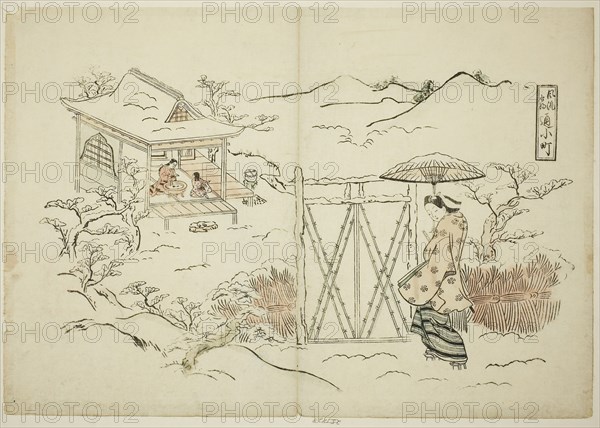 A Modern Version of Shosho visiting Komachi (Furyu Shosho kayoi Komachi), c. 1715, Okumura Masanobu, Japanese, 1686-1764, Japan, Hand-colored woodblock print, oban, sumizuri-e, 28.3 x 40.7 cm