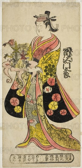 The Actor Tomizawa Montaro I as Miyako no Mae in the play Izu Genji Horai Yakata, performed at the Ichimura Theater in the eleventh month, 1736, 1736, Okumura Masanobu, Japanese, 1686-1764, Japan, Hand-colored woodblock print, hosoban, urushi-e, 31.5 x 15.0 cm