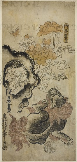 Lion and Peonies, c. 1720/25, Okumura Masanobu, Japanese, 1686-1764, Japan, Hand-colored woodblock print, hosoban, urushi-e, 33.7 x 15.6 cm (12 1/2 x 6 1/8 in.)