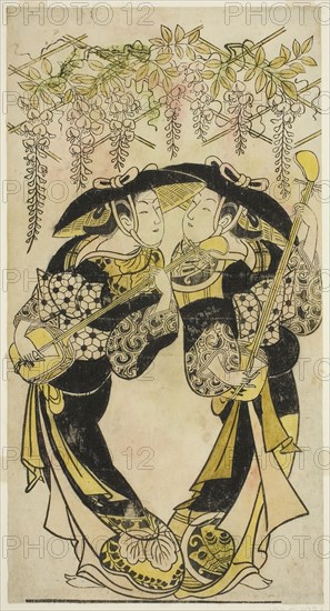The Actors Sanjo Kantaro (right) and Fujimura Handayu (left) as musicians playing under wisteria, c. 1717/18, Japanese, 18th century, Japan, Hand-colored woodblock print, hosoban, urushi-e, 29.9 x 15.8 cm