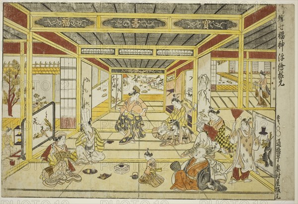 Original Perspective Picture of the Fashionable Seven Gods of Good Fortune (Furyu shichi fukujin uki-e kongen), 1740s, Okumura Masanobu, Japanese, 1686-1764, Japan, Hand-colored woodblock print, o-oban, beni-e, 29.7 x 44.5 cm (11 3/4 x 17 1/2 in.)