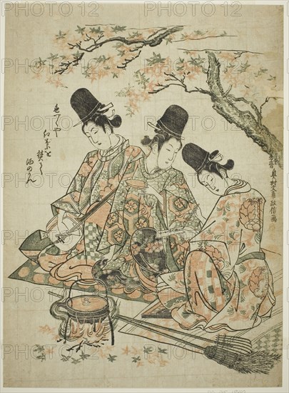Parody of Palace Attendants Burning Maple Leaves to Heat Sake from The Tale of Heike, c. 1750, Okumura Masanobu, Japanese, 1686-1764, Japan, Color woodblock print, oban, benizuri-e, 41.0 x 30.0 cm