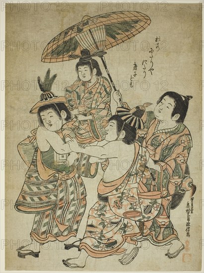 Boys Masquerading as Chinese, c. 1748, Okumura Masanobu, Japanese, 1686-1764, Japan, Woodblock print, oban benizuri-e with embossing, 41.0 x 30.2 cm