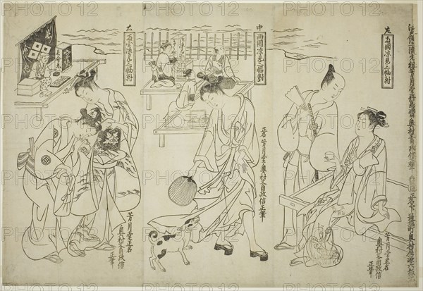 Cooling off at Ryogoku: A Set of Three (Ryogoku suzumi sanpukutsui), c. 1748, Okumura Masanobu, Japanese, 1686-1764, Japan, Woodblock print, uncut hosoban triptych, sumizuri-e, 31.0 x 45.3 cm