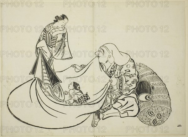 Daikoku revealing the contents of Hotei’s bag, no. 2 from the series of 12 prints, c. 1708, Okumura Masanobu, Japanese, 1686-1764, Japan, Woodblock print, oban, sumizuri-e, 26.7 x 36.9 cm