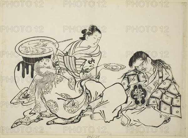 Courtesan Plying Shojo with Sake, no. 4 from a series of 12 prints, c. 1708, Okumura Masanobu, Japanese, 1686-1764, Japan, Woodblock print, oban, sumizuri-e, 26.6 x 36.9 cm