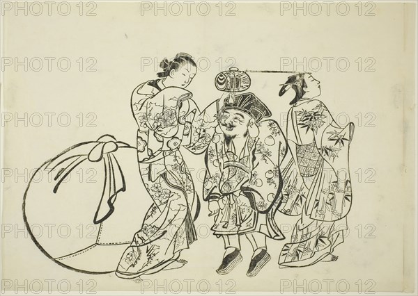 Measuring Daikoku’s height, no. 5 from a series of 12 prints, c. 1708, Okumura Masanobu, Japanese, 1686-1764, Japan, Woodblock print, oban, sumizuri-e, 26.7 x 37.8 cm
