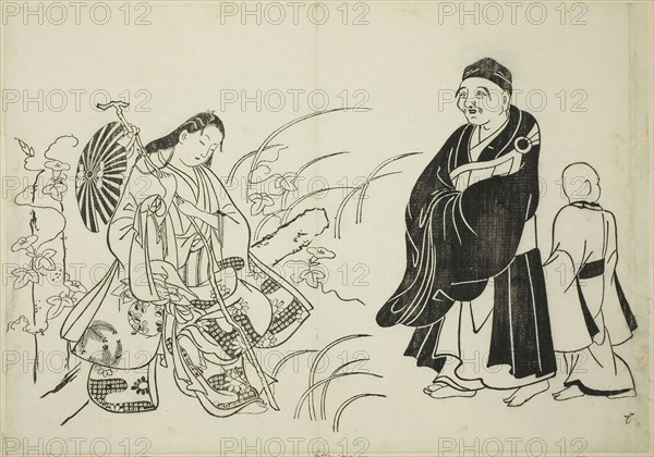 Komachi resting on a stupa, no. 6 from a series of 12 prints, c. 1708, Okumura Masanobu, Japanese, 1686-1764, Japan, Woodblock print, oban, sumizuri-e, 26.7 x 38.1 cm