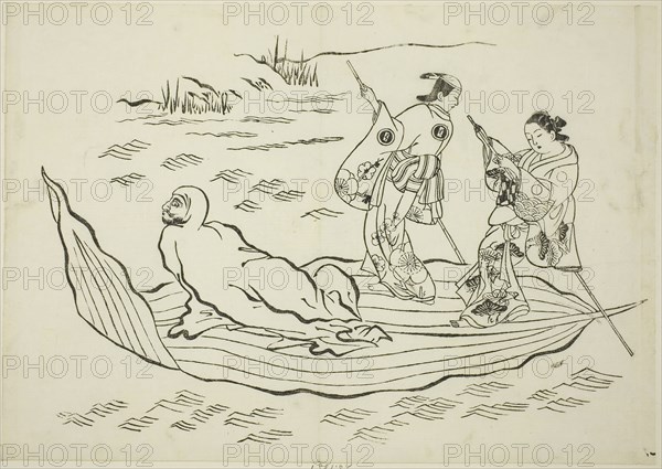 Daruma crossing the sea on a leaf, no. 7 from a series of 12 prints, c. 1708, Okumura Masanobu, Japanese, 1686-1764, Japan, Woodblock print, oban, sumizuri-e, 26.7 x 38.1 cm