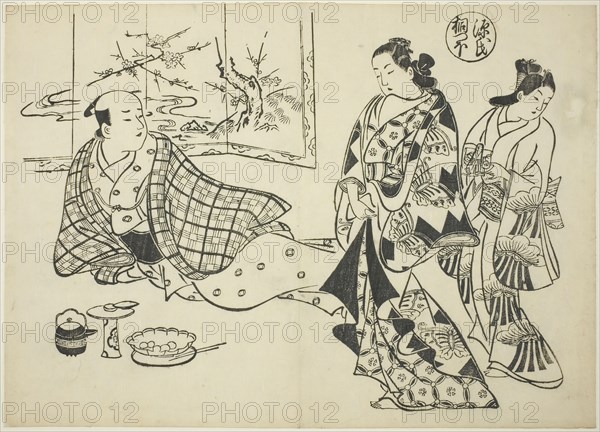 The Kiritsubo Chapter from The Tale of Genji (Genji Kiritsubo), from a series of Genji parodies, c. 1710, Okumura Masanobu, Japanese, 1686-1764, Japan, Woodblock print, oban, sumizuri-e, 37.3 x 38.3 cm