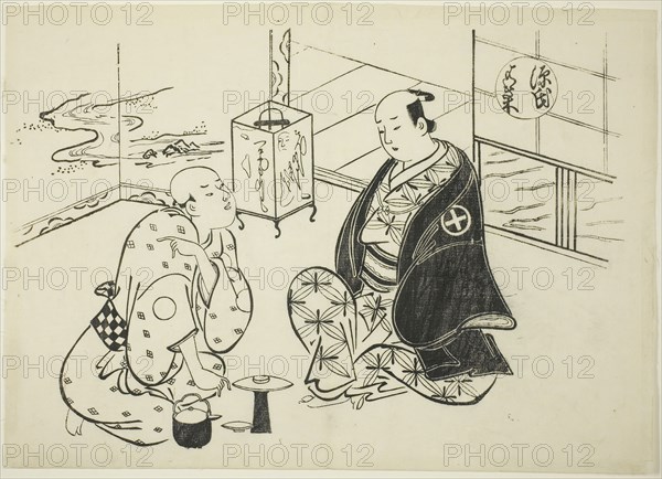 The Hahakigi Chapter from The Tale of Genji (Genji Hahakigi), from a series of Genji parodies, c. 1710, Okumura Masanobu, Japanese, 1686-1764, Japan, Woodblock print, oban, sumizuri-e, 27.3 x 38.2 cm