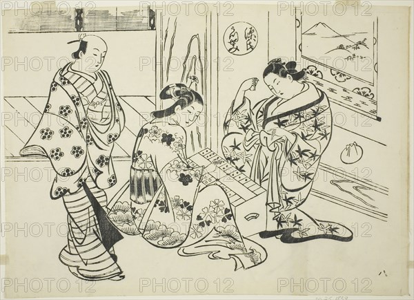 The Utsusemi Chapter from The Tale of Genji (Genji Utsusemi), from a series of Genji parodies, c. 1710, Okumura Masanobu, Japanese, 1686-1764, Japan, Woodblock print, oban, sumizuri-e, 27.3 x 38.7 cm