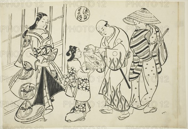 The Yugao Chapter from The Tale of Genji (Genji Yugao), from a series of Genji parodies, c. 1710, Okumura Masanobu, Japanese, 1686-1764, Japan, Woodblock print, oban, sumizuri-e, 27.3 x 39.6 cm