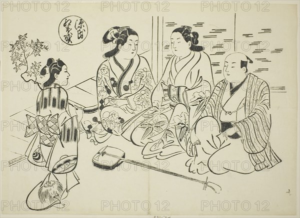 The Momiji-no-ga Chapter from The Tale of Genji (Genji Momiji-no-ga), from a series of Genji parodies, c. 1710, Okumura Masanobu, Japanese, 1686-1764, Japan, Woodblock print, oban, sumizuri-e, 27.3 x 38.1 cm